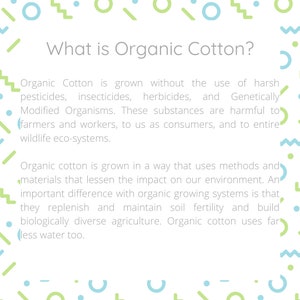 Puede incluir: Un gr&aacute;fico informativo blanco con un borde de formas geom&eacute;tricas de color verde claro y azul. El texto dice: What is Organic Cotton? Organic Cotton is grown without the use of harsh pesticides, insecticides, herbicides, and Genetically Modified Organisms.