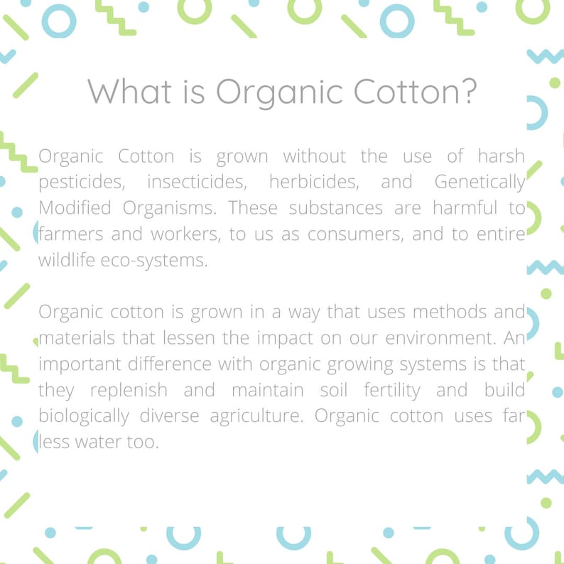 Puede incluir: Un gr&aacute;fico informativo blanco con un borde de formas geom&eacute;tricas de color verde claro y azul. El texto dice: What is Organic Cotton? Organic Cotton is grown without the use of harsh pesticides, insecticides, herbicides, and Genetically Modified Organisms.