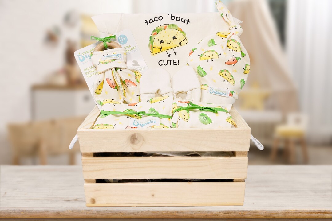 Gender Neutral Baby Gift Basket, Organic Baby Clothes, Tacos Baby Gift ...