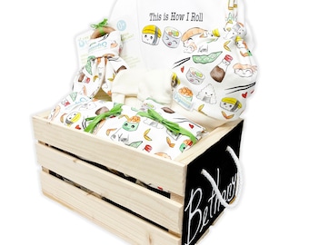 Gender Neutral Baby Gift Basket, Organic Baby Clothes, Sushi Baby Gift, This is How I Roll, Baby Shower Gift, Personalized Crate, Newborn