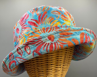 Reversible Bucket Hat: Teal Blue & Sunflower Print, Adjustable Cotton Sun Hat