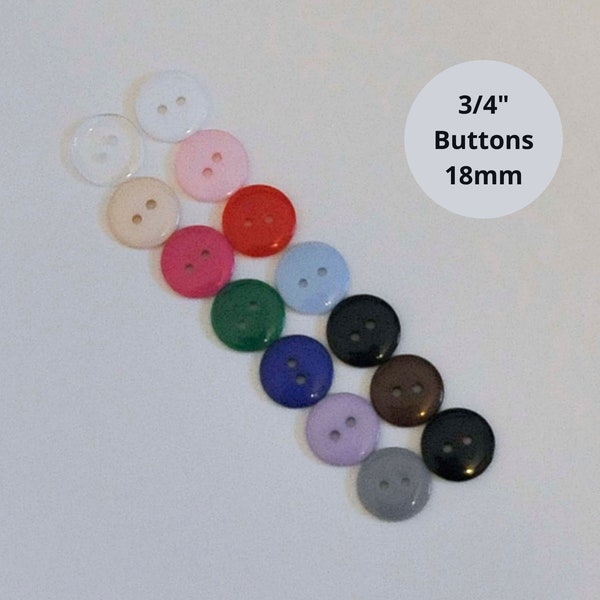 18mm buttons, 3/4" resin sewing buttons set of 5 or 10 plastic crafting buttons white ivory clear pink red green blue gray brown black