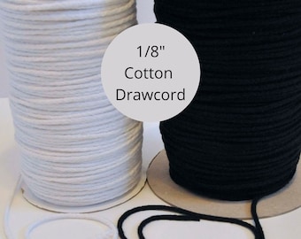 Cotton Drawcord white or black, 1/8" cotton drawstring cord, eighth inch wide no core sewing cord by the yard, Lace-Ups Grommets Hoods