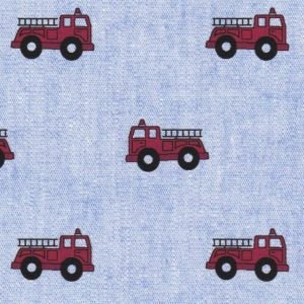 Firetruck print cotton fabric by the yard, red firetrucks on blue chambray Fabric Finders 100% cotton quilting, apparel fabric 2321