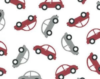 Red and Grey Car print fabric by the yard, crimson and silver cars on white Fabric Finders 100% cotton quilting and apparel fabric