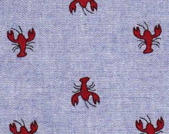 Red Crawfish on dark blue chambray, Lobster print Fabric by the yard, Fabric Finders 100% cotton quilting and apparel fabric