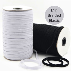 1/4 inch elastic, black or white BRAIDED skinny elastic sold By The Yard, 6mm 1/4" thin elastic cord great for making face masks