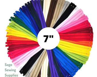 7" nylon zippers, non-separating zipper for sewing apparel, crafting and purses, many great colors, #3 zipper size