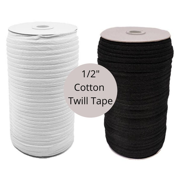 1/2 inch cotton twill tape, 1/2" wide herringbone ribbon strap, half inch wide natural COTTON white or black 12mm