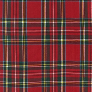 May include: Red, green, yellow, and blue plaid fabric with a woven texture.