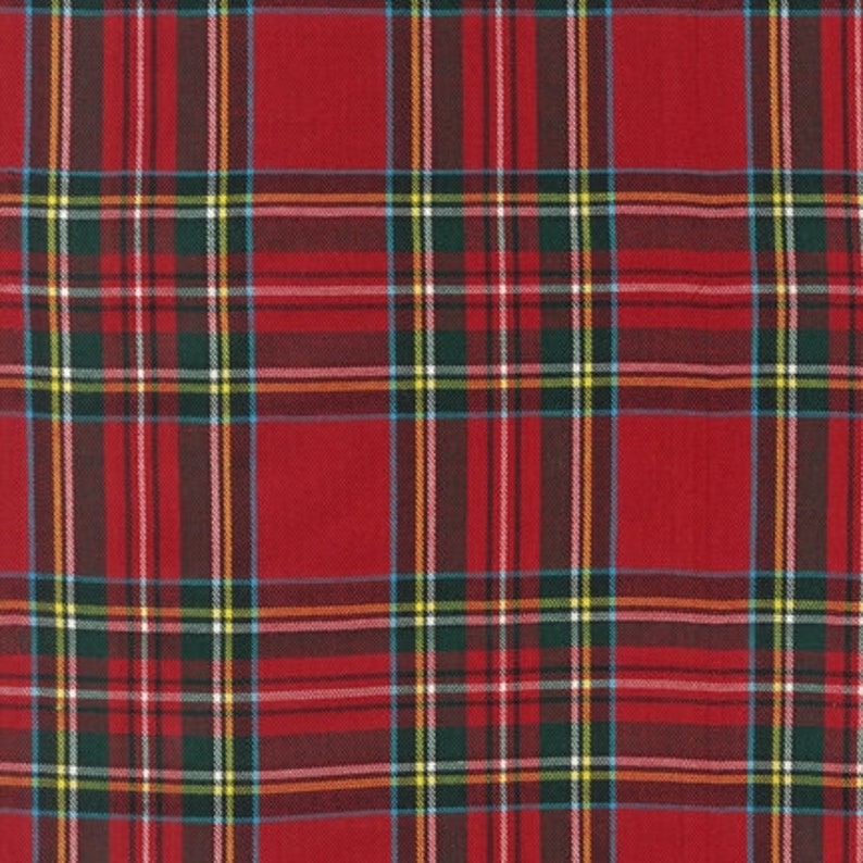 May include: Red, green, yellow, and blue plaid fabric with a woven texture.