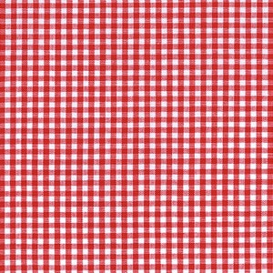 May include: A close-up of a red and white checkered pattern. The pattern is a classic gingham design, with evenly spaced squares of red and white. The fabric appears to be a woven material, suitable for various craft and home decor projects.