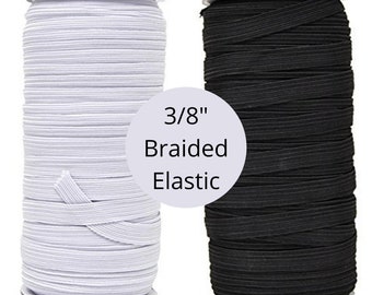 3/8 inch elastic, white or black BRAIDED elastic sold By The Yard, 3/8" braided elastic is great for face masks or apparel