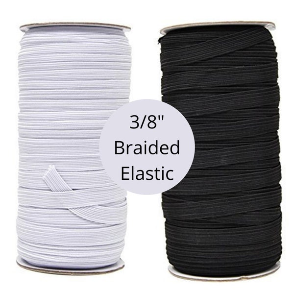 3/8 inch elastic, white or black BRAIDED elastic sold By The Yard, 3/8" braided elastic is great for face masks or apparel