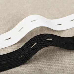 May include: Two pieces of elastic buttonhole tape, one black and one white. The tape is designed for sewing into garments to create a buttonhole effect.