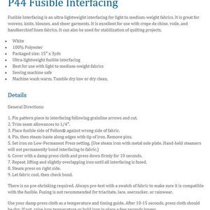 Pellon lightweight fusible interfacing P44F, quilting interfacing 20 wide, iron-on white washable stabilizer by the yard, half yard image 4