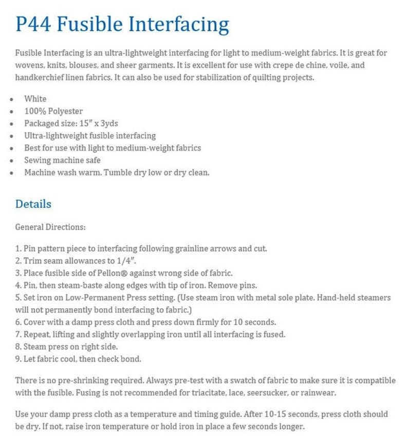 Pellon lightweight fusible interfacing P44F, quilting interfacing 20 wide, iron-on white washable stabilizer by the yard, half yard image 4