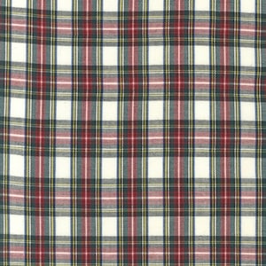 May include: White fabric with a red, green, and blue plaid pattern.