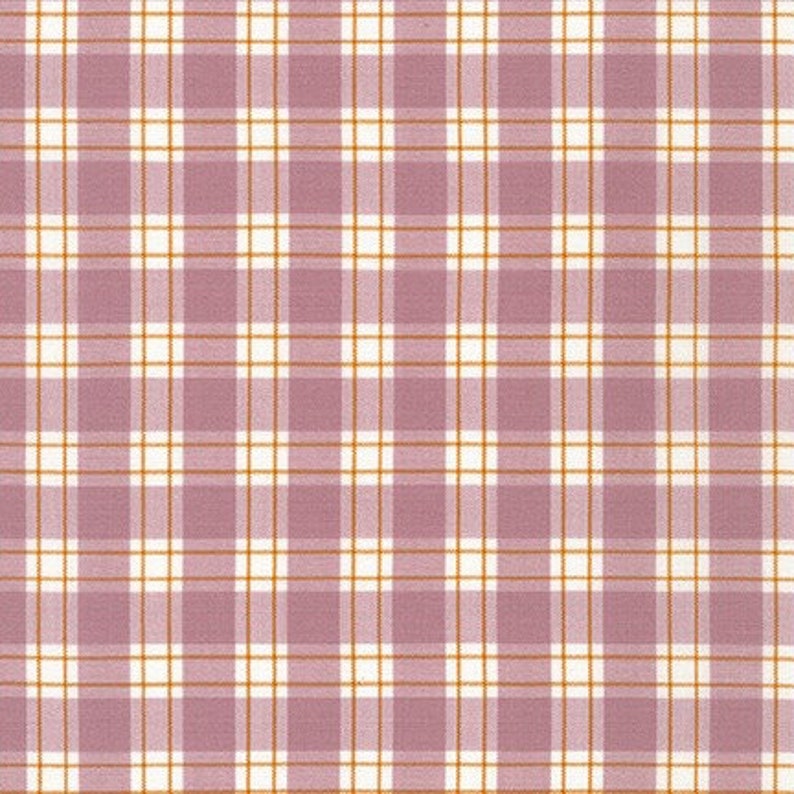 May include: A pink and white plaid fabric with thin orange stripes. The fabric has a subtle sheen and a soft texture.