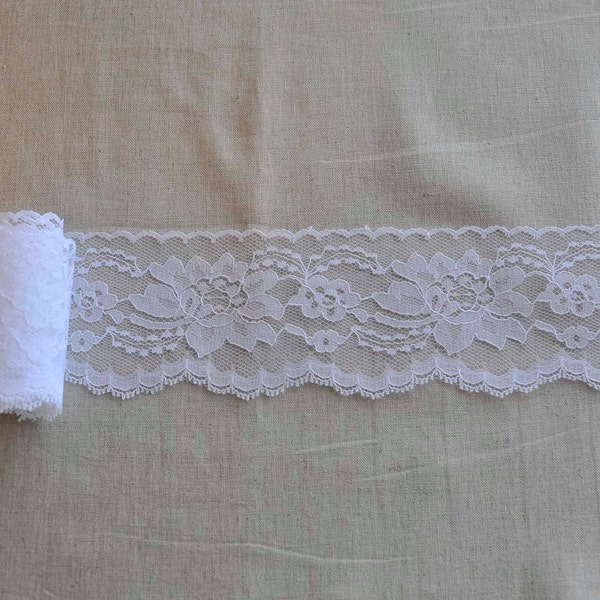 White lace by the yard, 3 inch wide non-stretch floral Raschel Lace