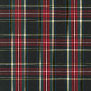 May include: Black and red plaid fabric with thin white and yellow stripes. The fabric has a woven texture.
