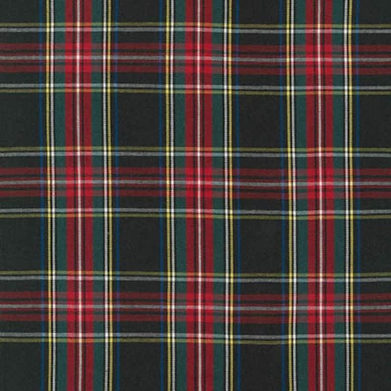 May include: Black and red plaid fabric with thin white and yellow stripes. The fabric has a woven texture.