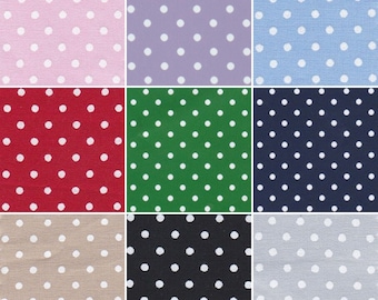 May include: Nine different fabric swatches with white polka dots on various colored backgrounds. The colors are pink, lavender, light blue, red, green, navy blue, beige, black, and light gray.