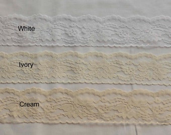 3 inch wide floral lace in Ivory Natural White Pink Raschel Lace, non-stretch lace by the yard