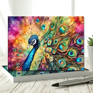 Set of 8 Different Peacock 5x7 Note Cards - Handmade Blank Stationery, Bird Lover Gift