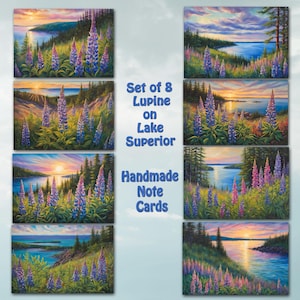 Lupine Flowers on Lake Superior Note Cards: Handmade Botanical Stationery, Set of 8