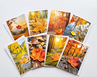 Fall Maple Leaf Note Cards Set of 8, Autumn Foliage Blank 5X7 Greeting Cards, Scenic Woodland Nature Stationery, Thanksgiving Gift Pack
