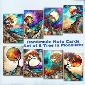 Moonlit Trees Note Cards: Handmade Nature Stationery Set