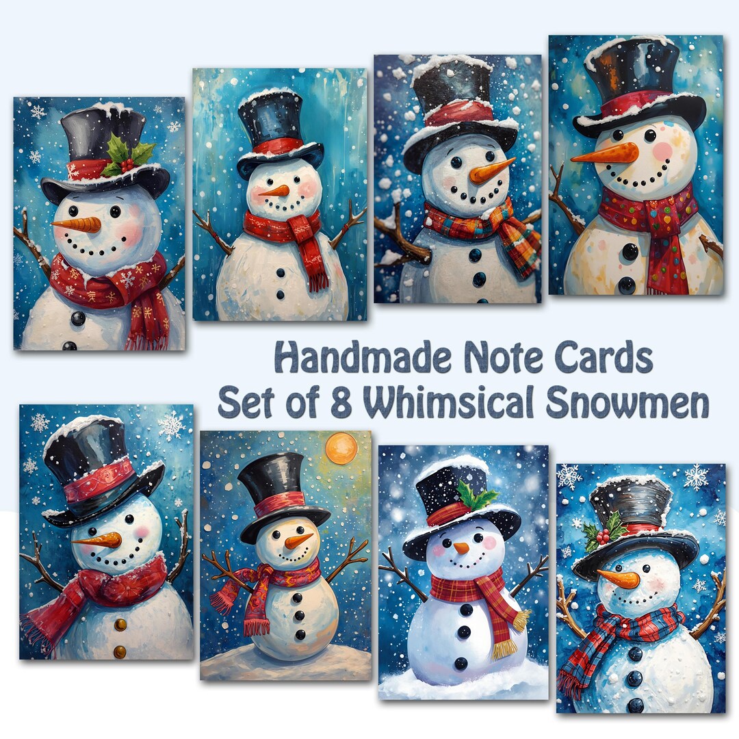 Whimsical Snowman Christmas Cards - Set of 8 Handmade Holiday Note ...