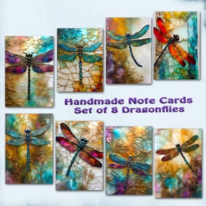 Handmade Dragonfly Note Cards – Set of 8 Blank 5x7 Nature Cards, Whimsical Botanical Art, Garden Lover Gift, Eco-Friendly Stationery