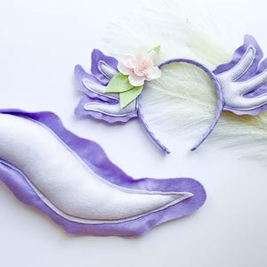 Cute LAVENDER PURPLE AXOLOTL Costume Gills Headband and/or Tail with Flower, Toddler Child Adult Size, Animal Party Ears Headband