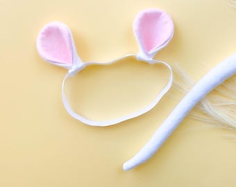 Baby WHITE MOUSE EARS Headband, Child Kid Adult Size, White and Light Pink, Costume Dress Up, Mice Ears, Playful Quality Kids Costume