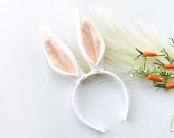 BUNNY RABBIT EARS Headband or Clips, White with Peach Inner Ear, Costume, Spring Easter Basket