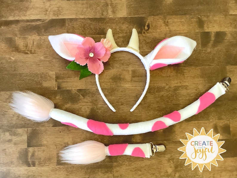 STRAWBERRY Pink COW Costume Headband Ears and/or Tail | With/Without Flower | Toddler Child Adult Size| Pet Dog |Create and Be Joyful Design 