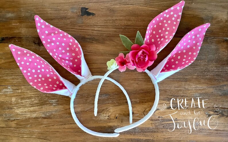 Easter Bunny Rabbit Headband Ears PINK white dot with or without Flowers White Baby Child Kid Teen Basket Costume Elastic Band Baby