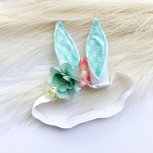 EASTER BUNNY RABBIT Costume Ears, White with Aqua Floral Print Inner Ear, Flowers, Baby Child Adult Size, Band Elastic, Babys First Easter image 7