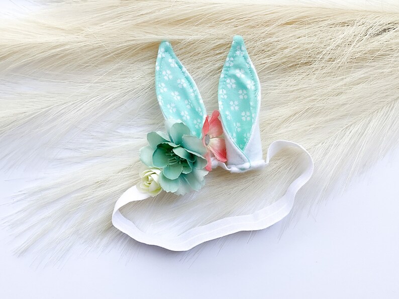 EASTER BUNNY RABBIT Costume Ears, White with Aqua Floral Print Inner Ear, Flowers, Baby Child Adult Size, Band Elastic, Babys First Easter image 7