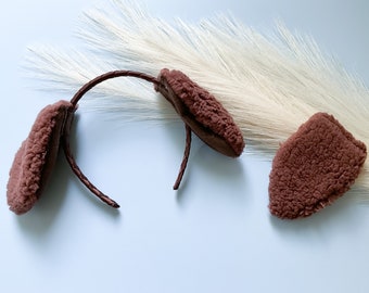 Dark BROWN PUPPY DOG Costume Ears and/or Tail, Short Fluffy Ears Style, Toddler Child Adult Size, Pet Dog, Animal Party Ears Headbands