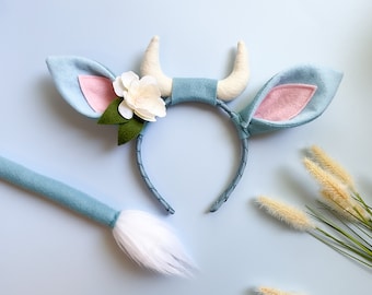 BLUE OX Costume Headband and/or Tail, Optional Flower, Light Blue, Toddler Kid Child Adult Size, Party Ears Headbands, High Quality