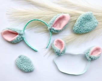 SHEEP LAMB Ears HEADBAND and/or Tail, Aqua with Pink, Baby Toddler Child Kid Adult Size, stylish spring Easter gift