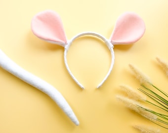 WHITE MOUSE EARS Headband, Child Kid Adult Size, White and Light Pink, Costume Dress Up, Mice Ears, Playful Quality Kids Costume