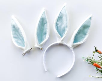 BUNNY RABBIT EARS Headband or Clips, White with Light Blue Inner Ear, Costume, Spring Easter Basket