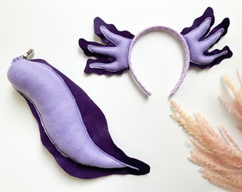 Cute PURPLE AXOLOTL Costume Gills Headband and/or Tail, Lavender, Toddler Child Adult Size, Animal Party Ears Headband, Under Sea Party