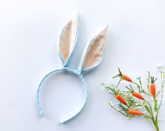 BUNNY RABBIT EARS Headband or Clips, Light Blue with Peach Inner Ear, Costume, Spring Easter Basket