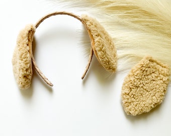 TAN Light Brown PUPPY DOG Costume Ears and/or Tail, Short Fluffy Ears Style, Toddler Child Adult Size, Pet Dog, Animal Party Ears Headbands