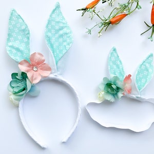 EASTER BUNNY RABBIT Costume Ears, White with Aqua Floral Print Inner Ear, Flowers, Baby Child Adult Size, Band Elastic, Babys First Easter image 1